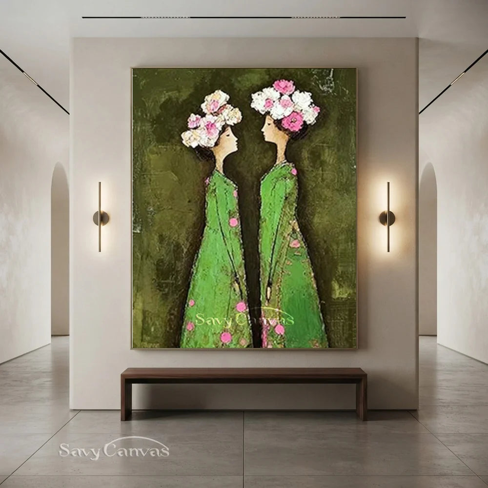 Abstract Floral Twins Oil Painting Green & Pink #SS 292