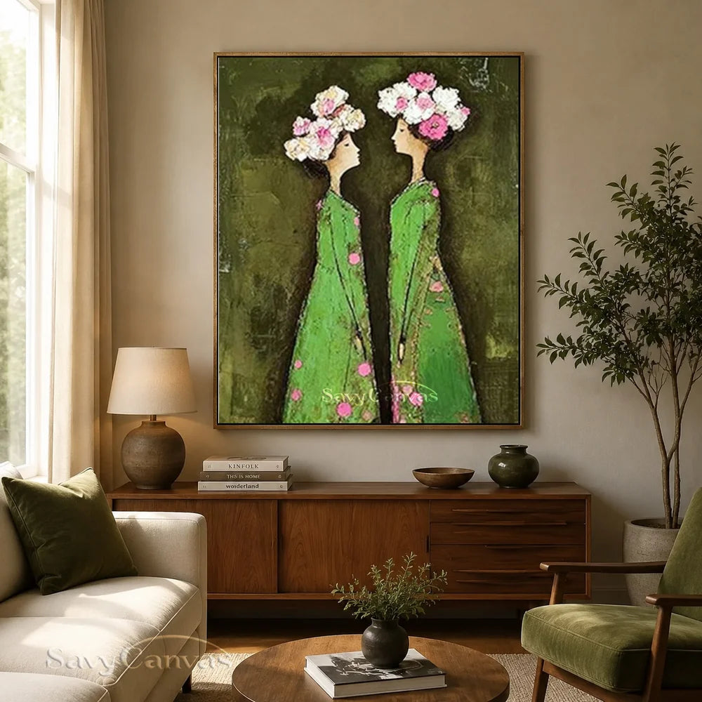 Abstract Floral Twins Oil Painting Green & Pink #SS 292