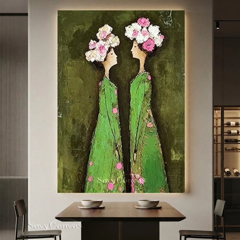 Abstract Floral Twins Oil Painting Green & Pink #SS 292