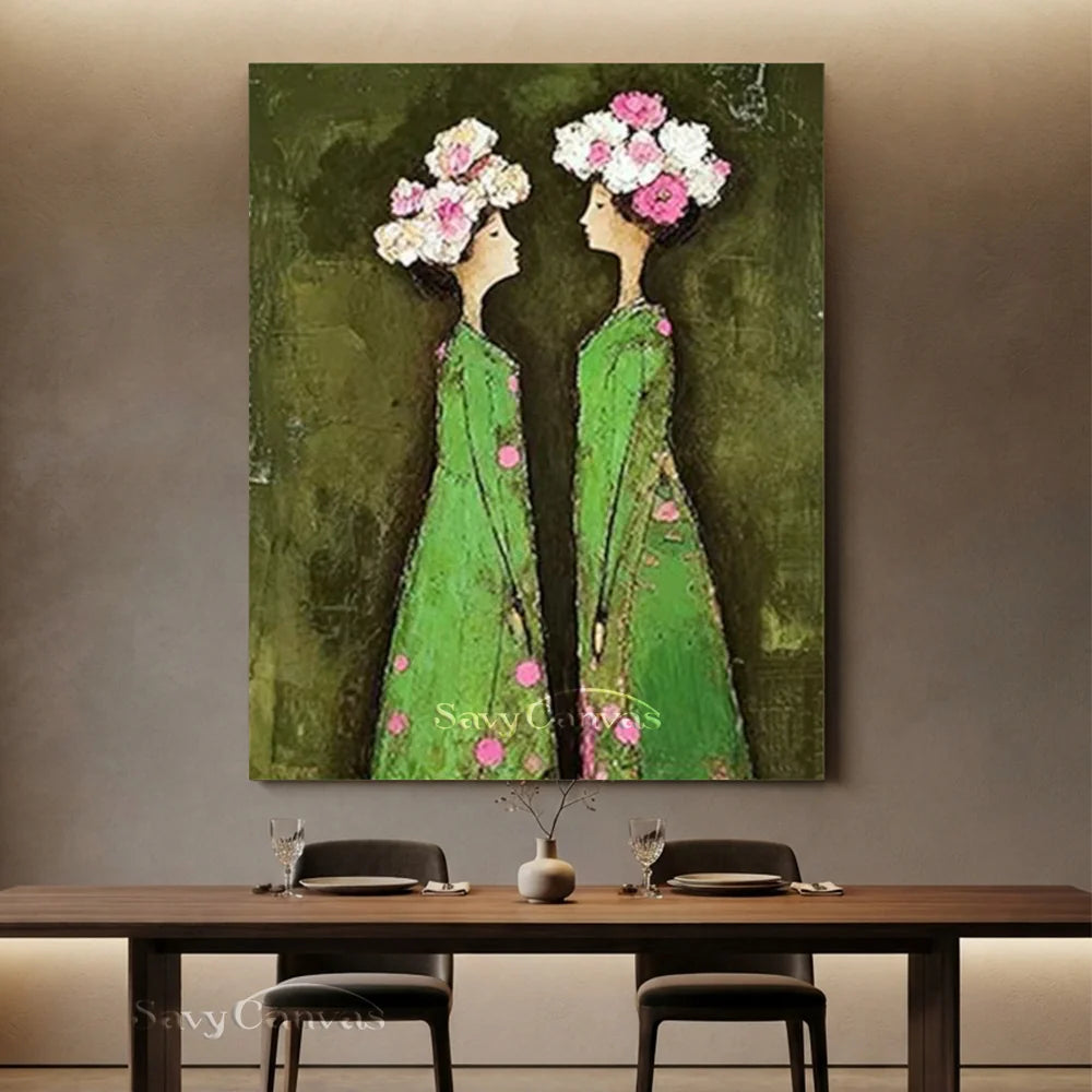 Abstract Floral Twins Oil Painting Green & Pink #SS 292