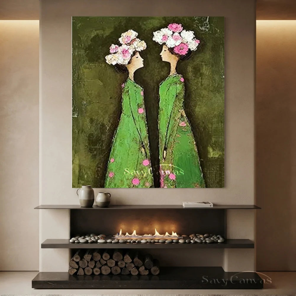 Abstract Floral Twins Oil Painting Green & Pink #SS 292