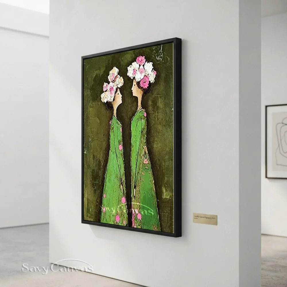 Abstract Floral Twins Oil Painting Green & Pink #SS 292