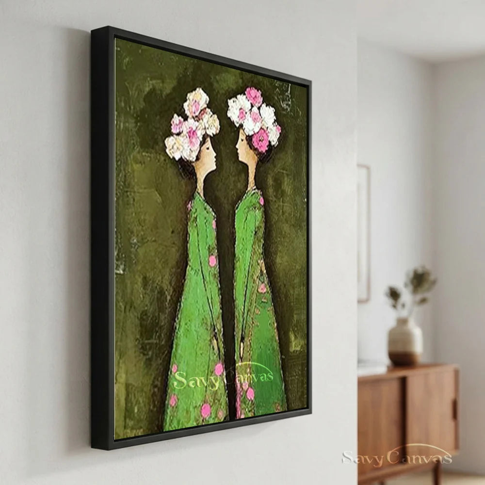 Abstract Floral Twins Oil Painting Green & Pink #SS 292