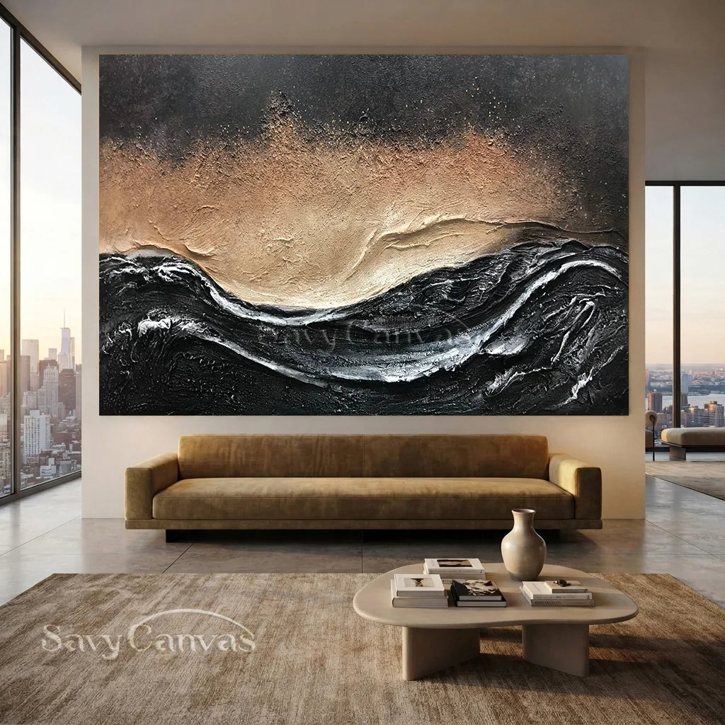 Oversize Black Gold White Textured Abstract Oil Painting - Modern Art #JJ 176
