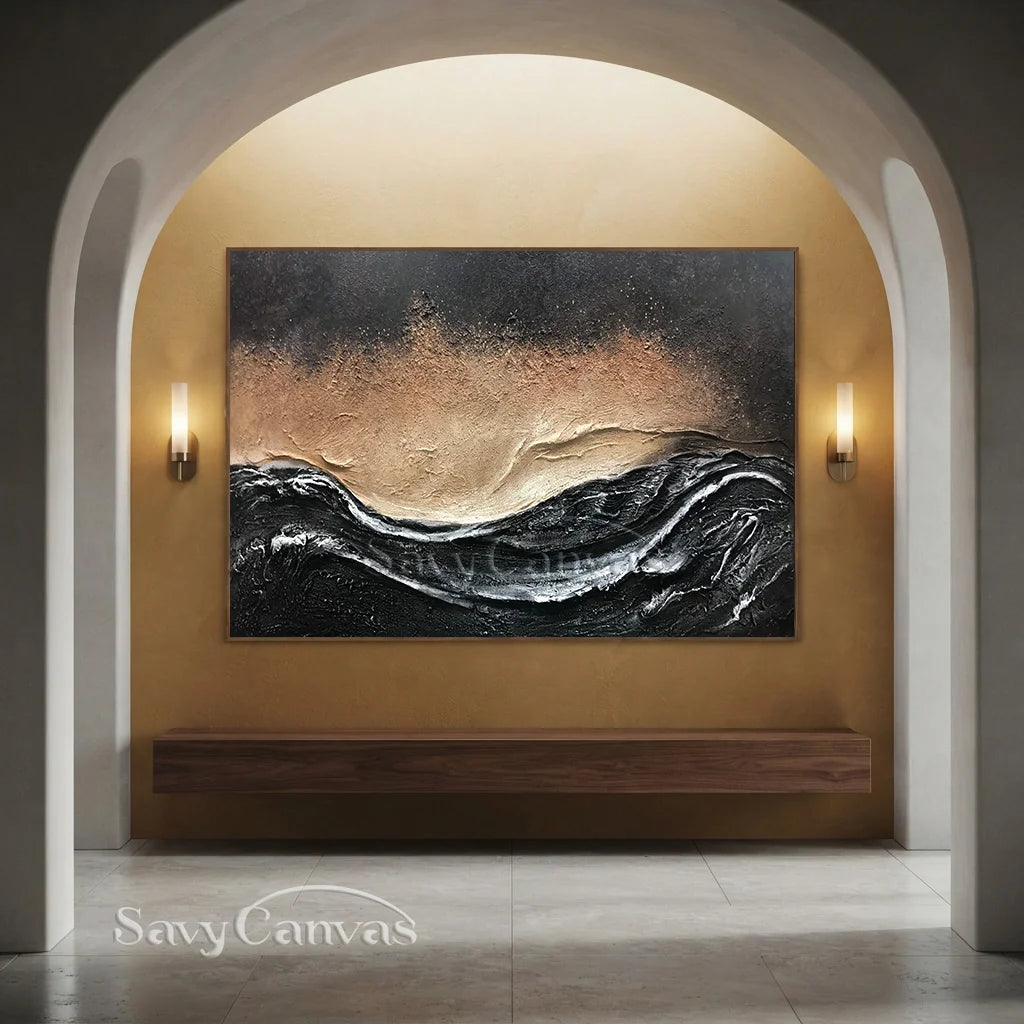 Oversize Black Gold White Textured Abstract Oil Painting - Modern Art #JJ 176