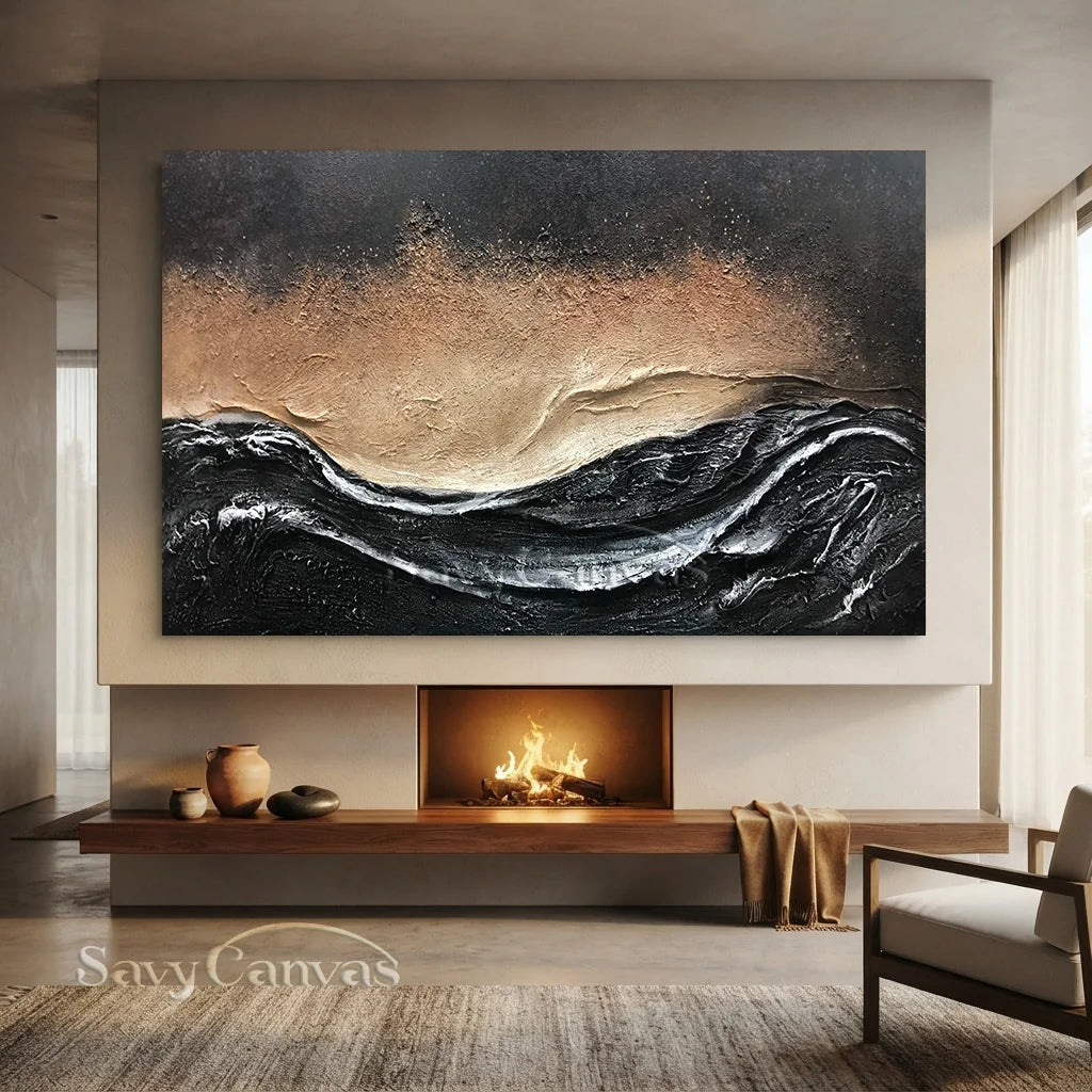 Oversize Black Gold White Textured Abstract Oil Painting - Modern Art #JJ 176