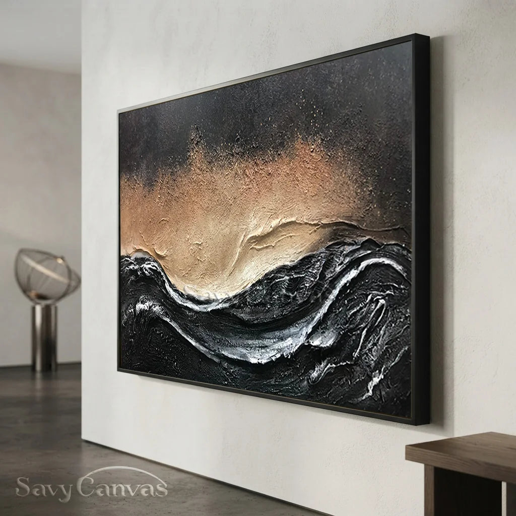 Oversize Black Gold White Textured Abstract Oil Painting - Modern Art #JJ 176