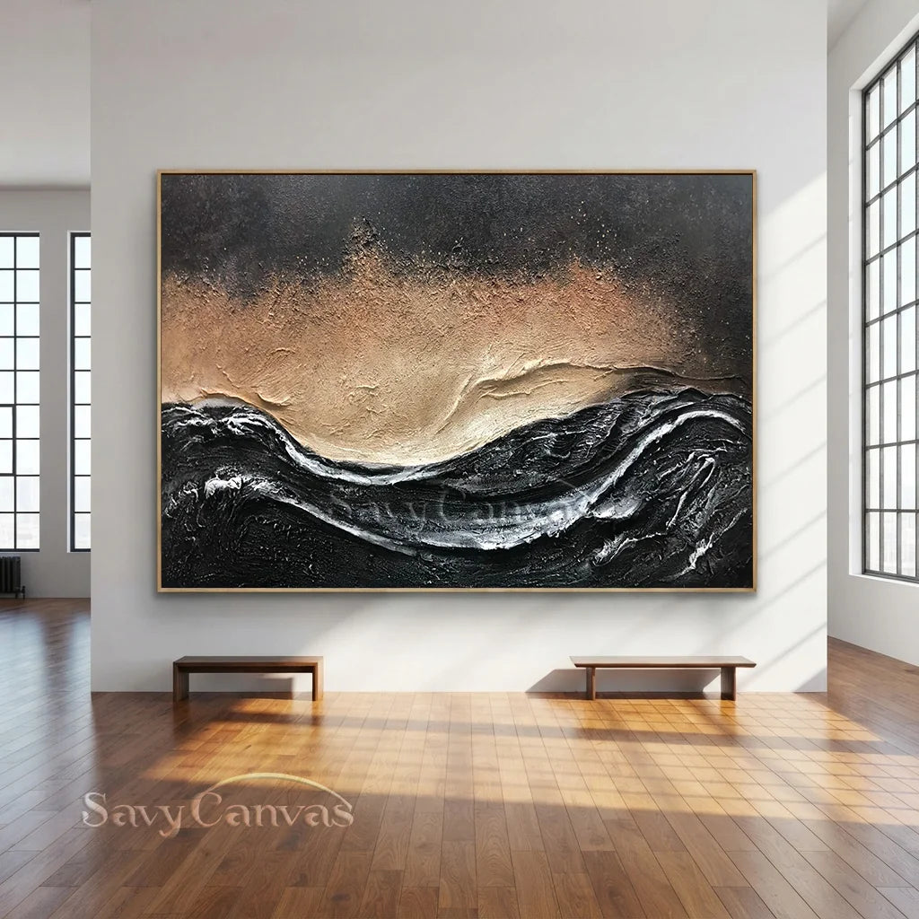 Oversize Black Gold White Textured Abstract Oil Painting - Modern Art #JJ 176