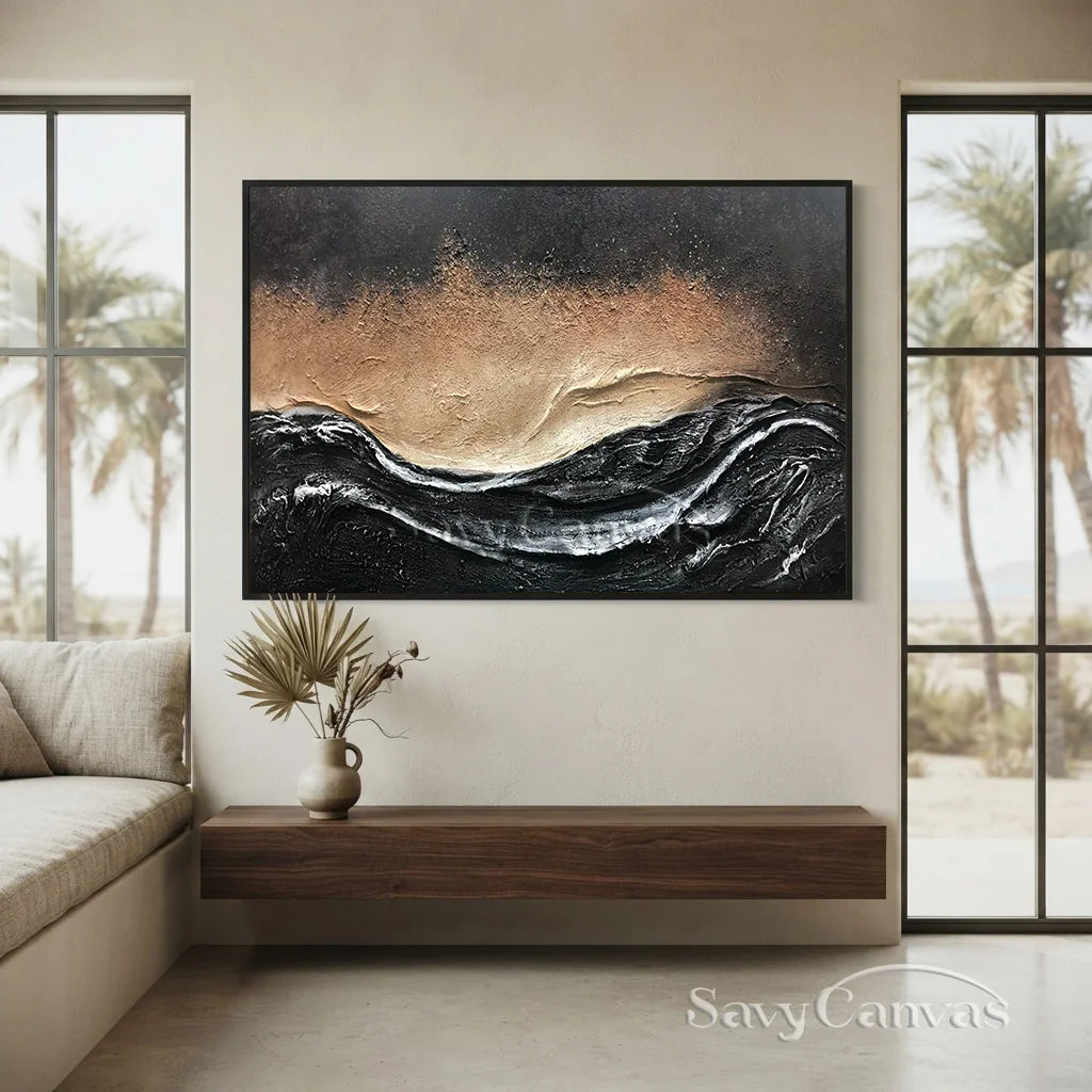 Oversize Black Gold White Textured Abstract Oil Painting - Modern Art #JJ 176