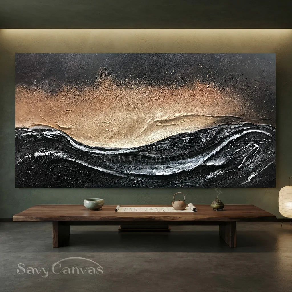 Oversize Black Gold White Textured Abstract Oil Painting - Modern Art #JJ 176