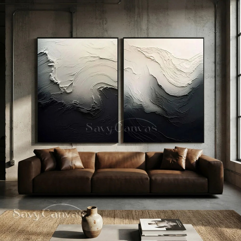 Black & White 3D Texture Abstract Art, Modern Pair #TB 032