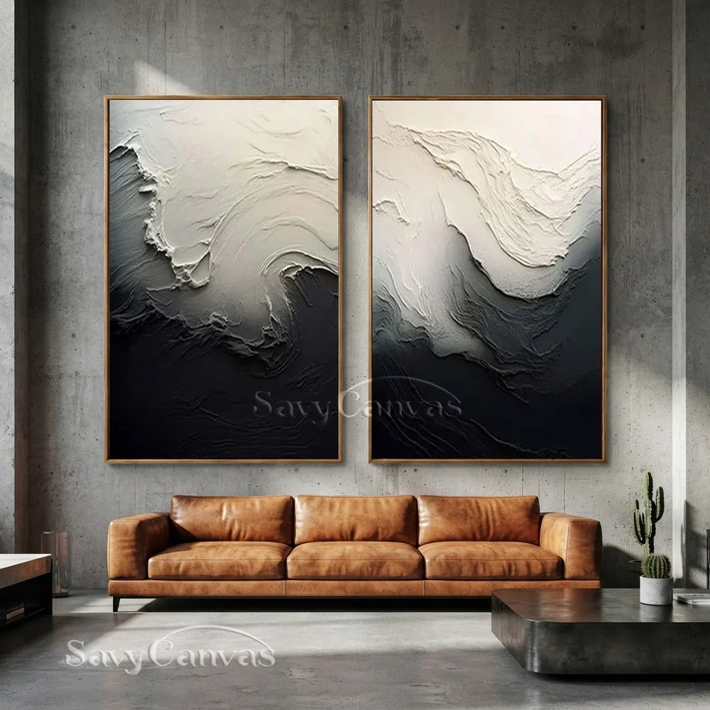 Black & White 3D Texture Abstract Art, Modern Pair #TB 032