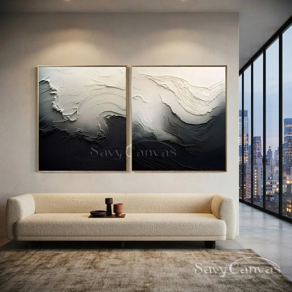 Black & White 3D Texture Abstract Art, Modern Pair #TB 032