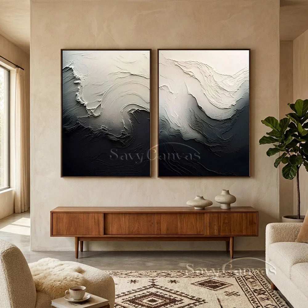 Black & White 3D Texture Abstract Art, Modern Pair #TB 032