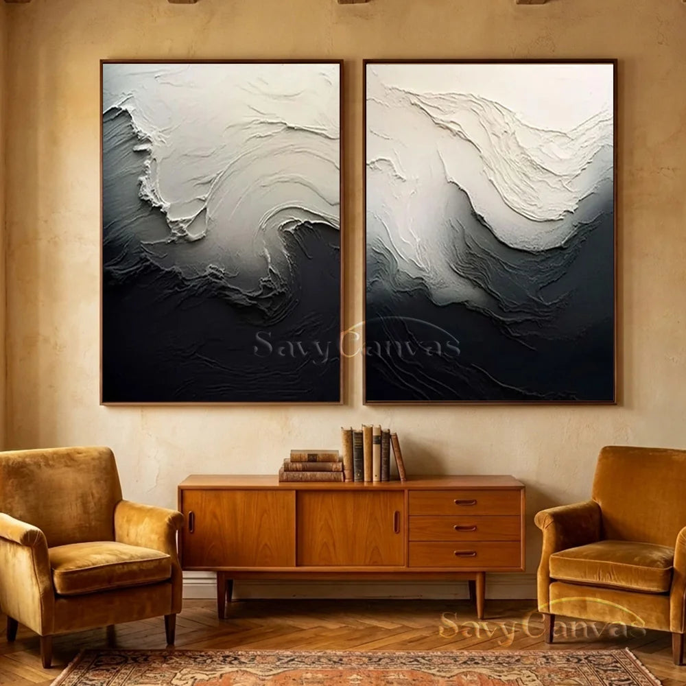 Black & White 3D Texture Abstract Art, Modern Pair #TB 032