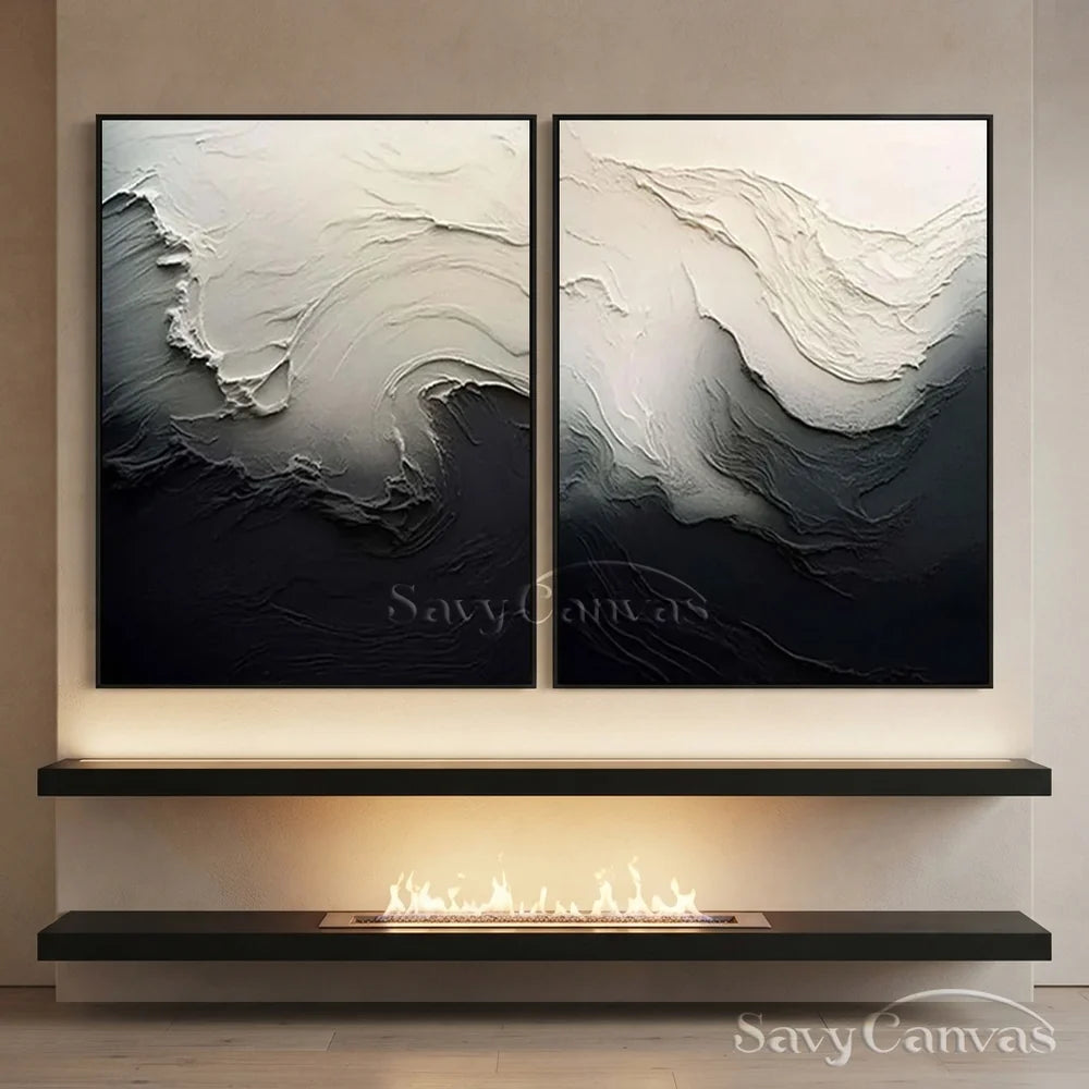 Black & White 3D Texture Abstract Art, Modern Pair #TB 032