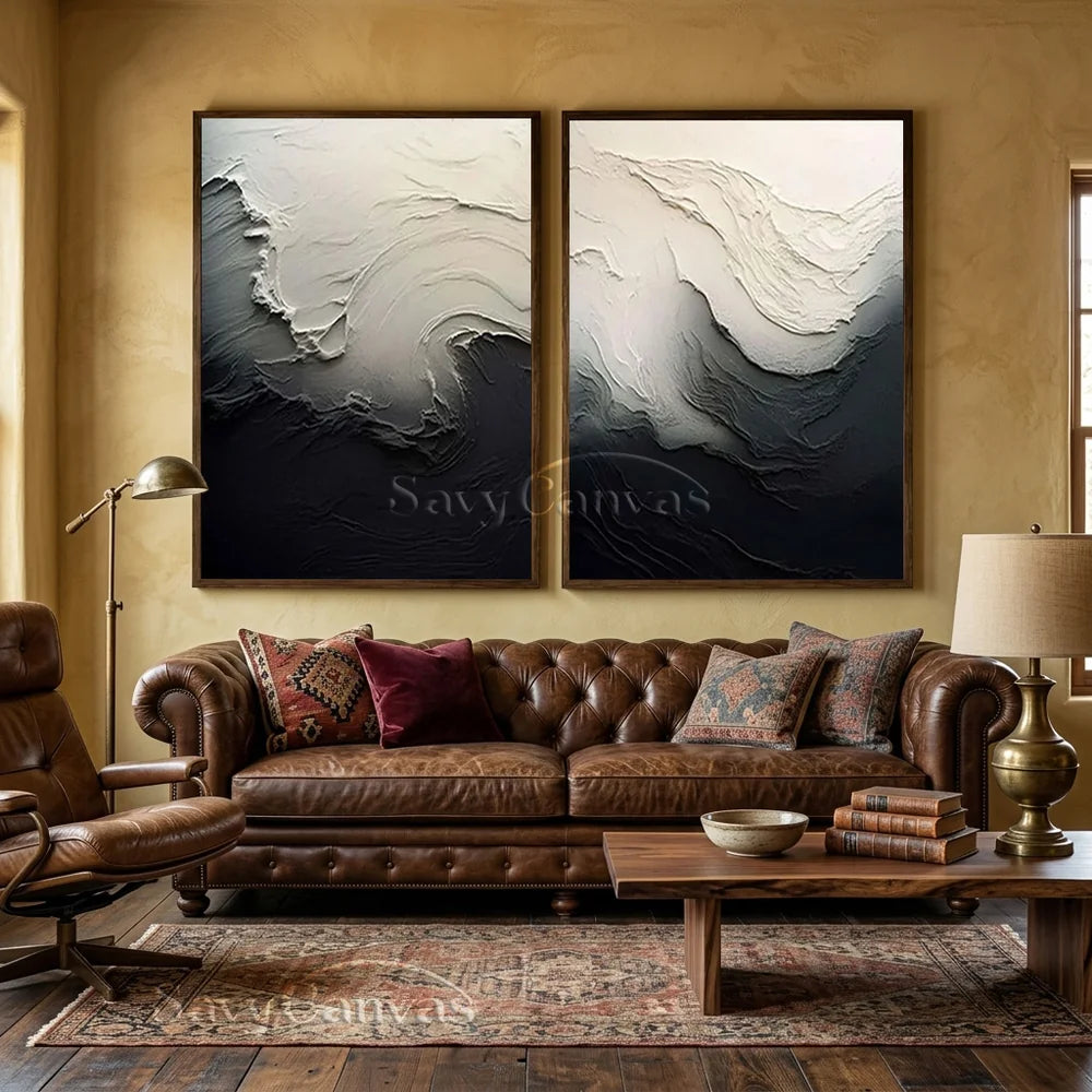 Black & White 3D Texture Abstract Art, Modern Pair #TB 032