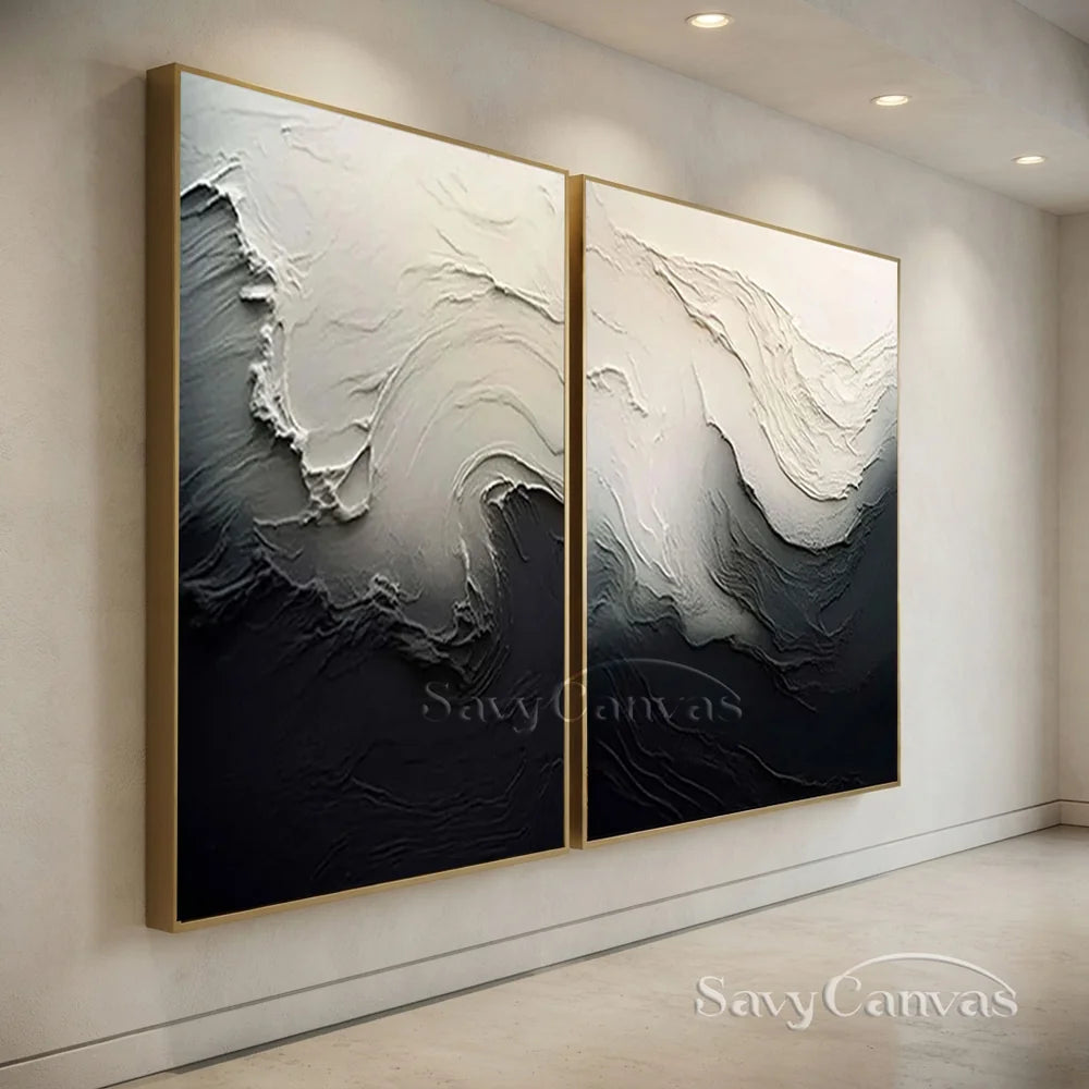 Black & White 3D Texture Abstract Art, Modern Pair #TB 032