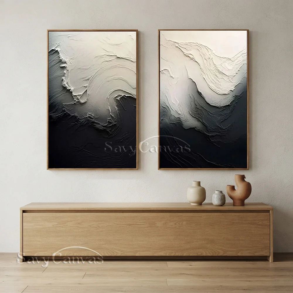 Black & White 3D Texture Abstract Art, Modern Pair #TB 032