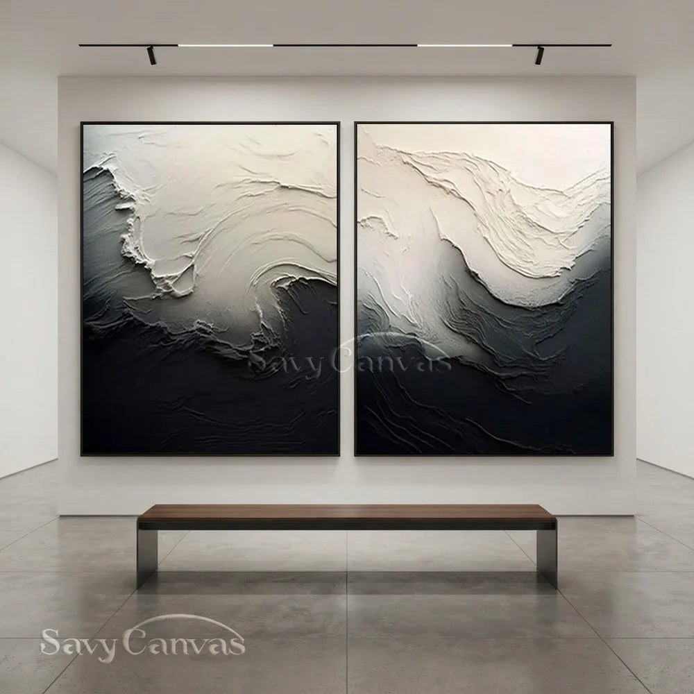 Black & White 3D Texture Abstract Art, Modern Pair #TB 032