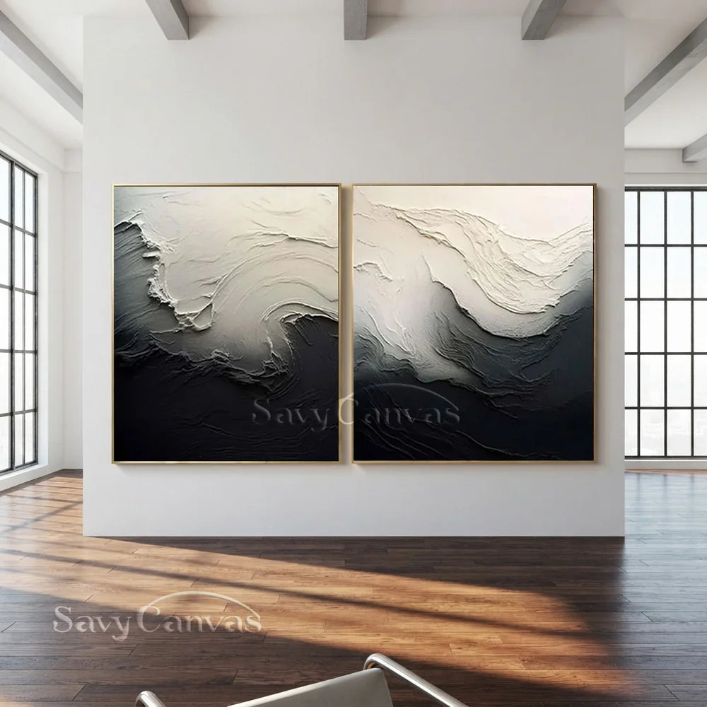 Black & White 3D Texture Abstract Art, Modern Pair #TB 032
