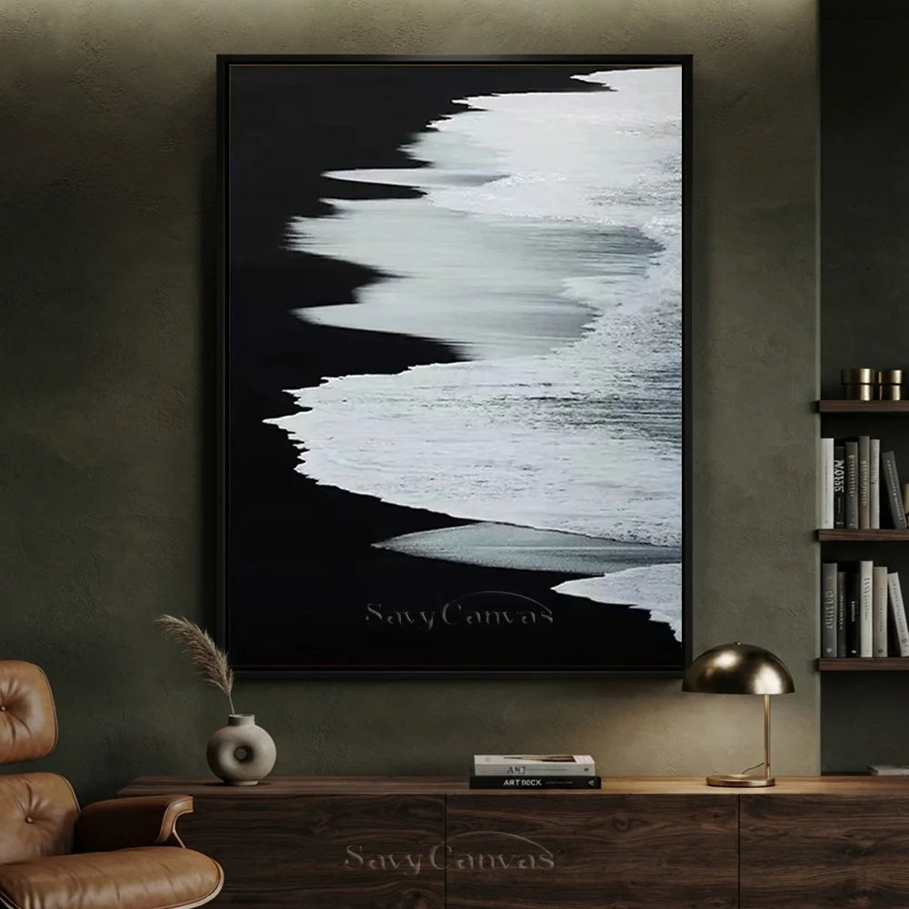 Black & White Abstract Coastline Oil Painting #TB 029