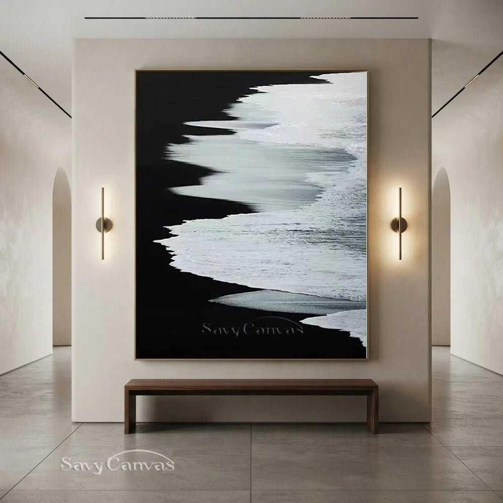 Black & White Abstract Coastline Oil Painting #TB 029