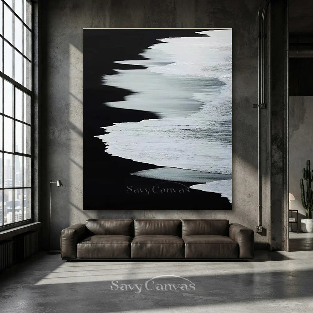 Black & White Abstract Coastline Oil Painting #TB 029