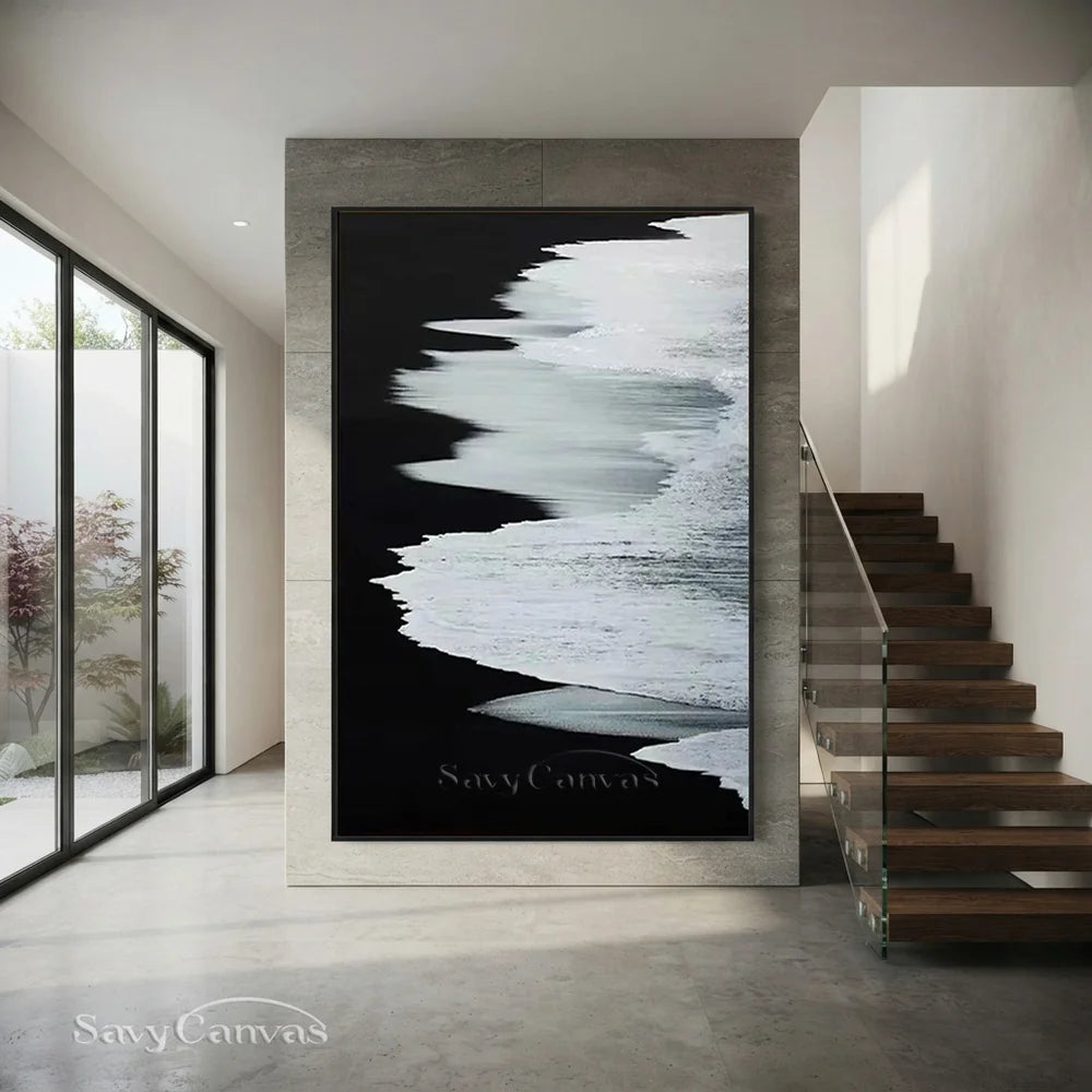 Black & White Abstract Coastline Oil Painting #TB 029