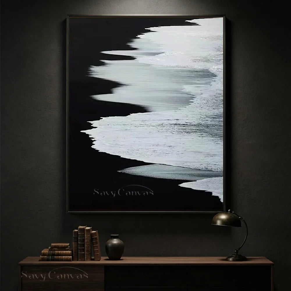 Black & White Abstract Coastline Oil Painting #TB 029