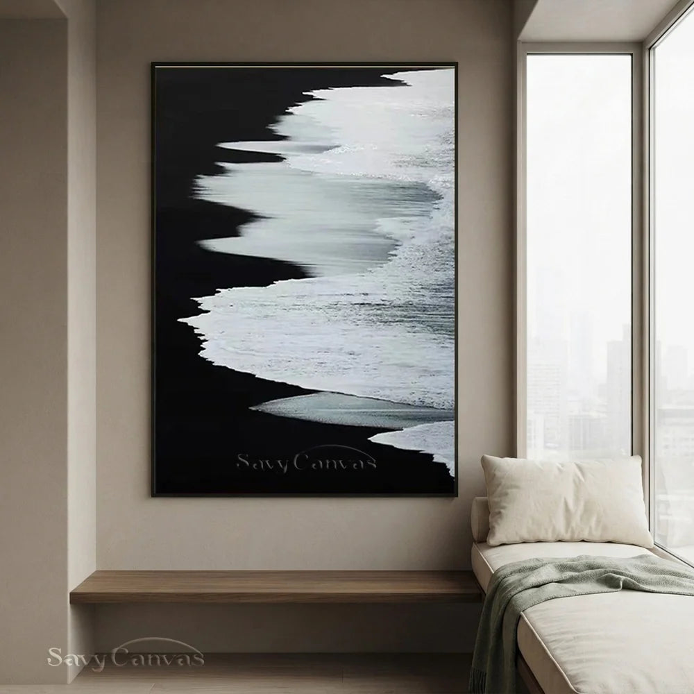 Black & White Abstract Coastline Oil Painting #TB 029