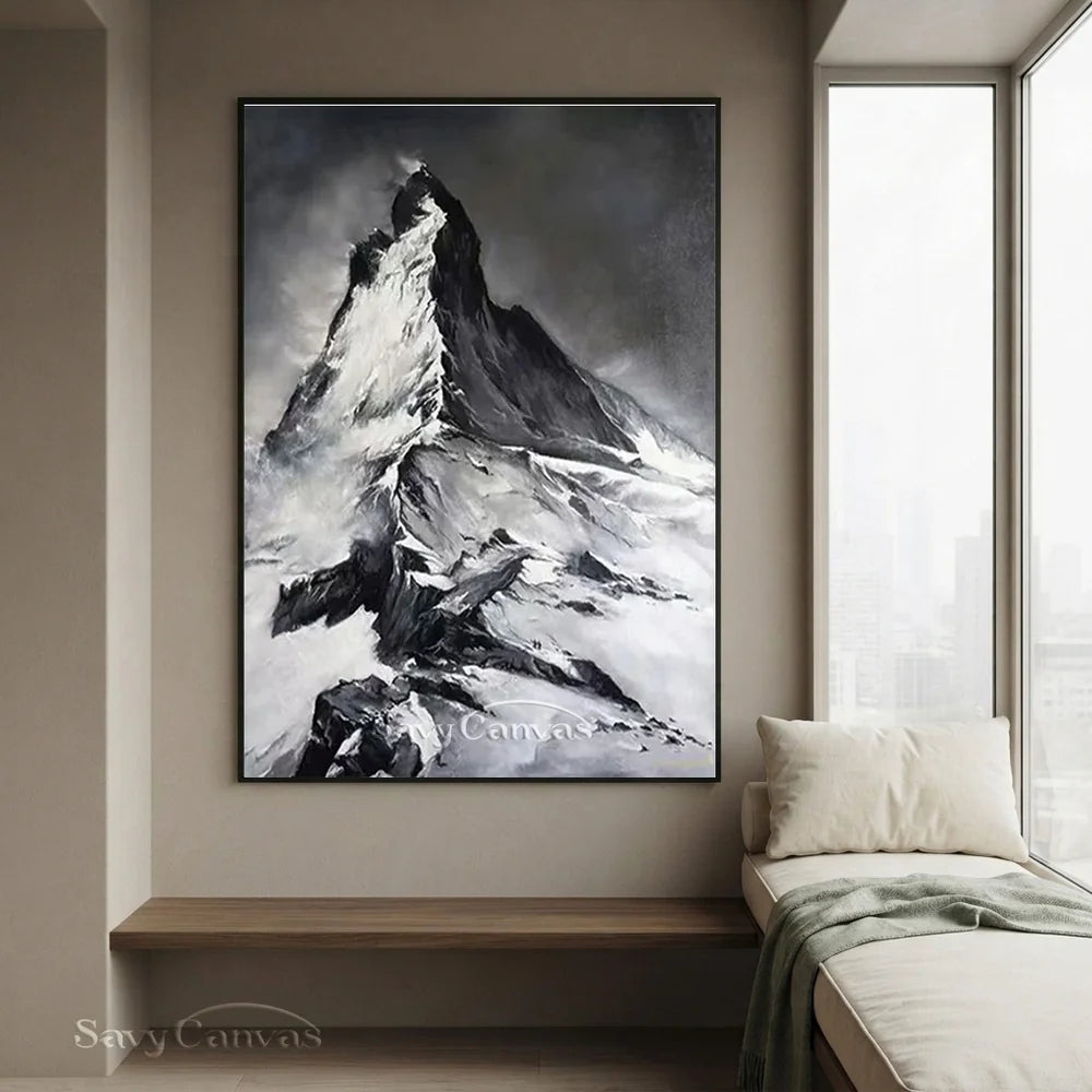 Black & White Mountain Abstract Oil Painting, Modern Wall Decor #TB 036