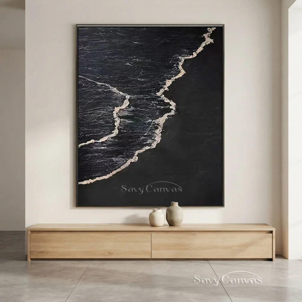 Handmade Oil Painting - Modern Abstract Black and White Wave Wall Art #TB 035
