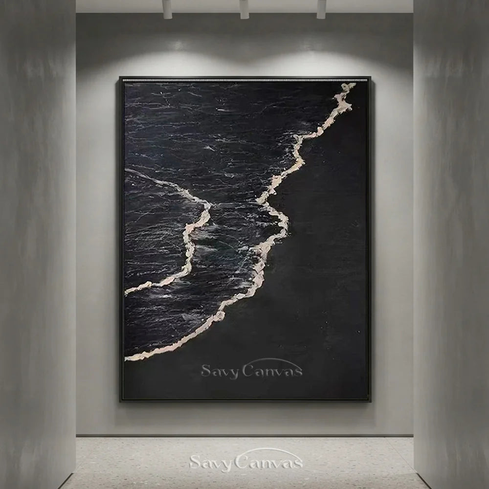 Handmade Oil Painting - Modern Abstract Black and White Wave Wall Art #TB 035