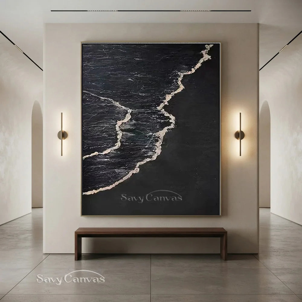 Handmade Oil Painting - Modern Abstract Black and White Wave Wall Art #TB 035