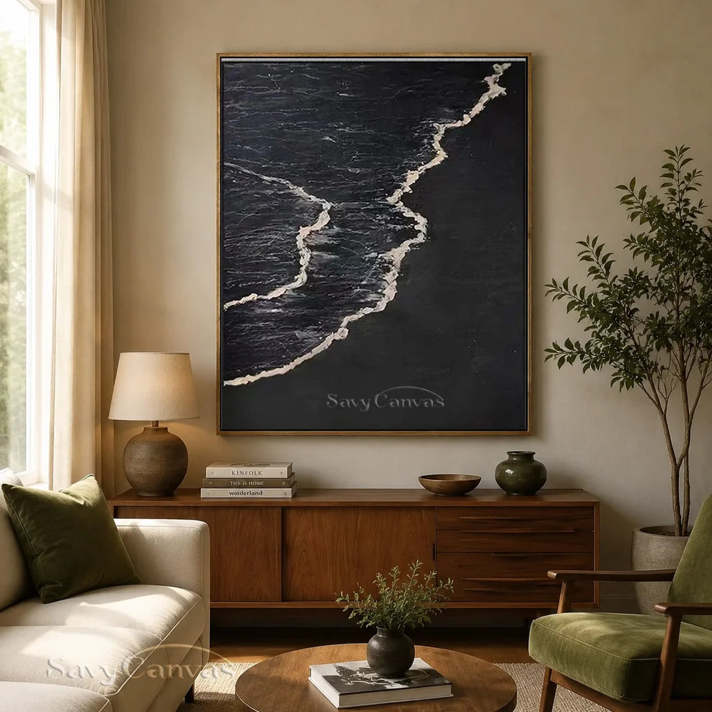 Handmade Oil Painting - Modern Abstract Black and White Wave Wall Art #TB 035
