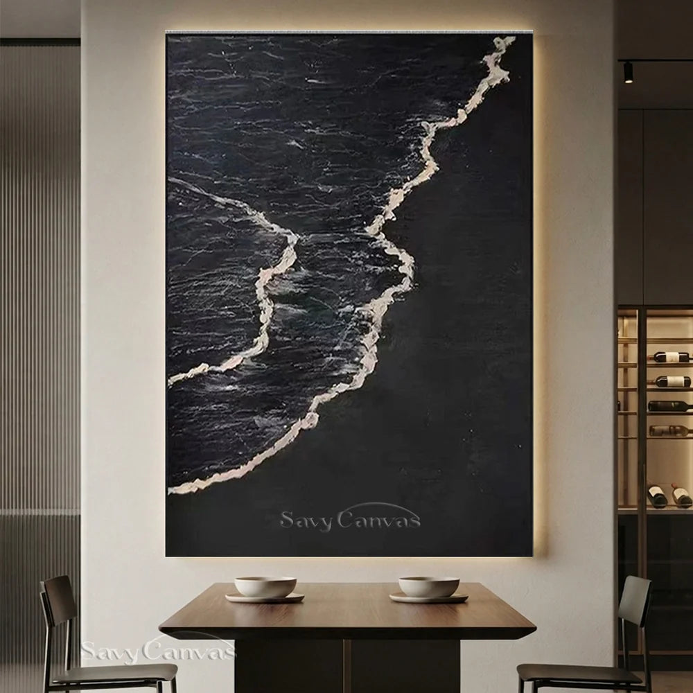 Handmade Oil Painting - Modern Abstract Black and White Wave Wall Art #TB 035