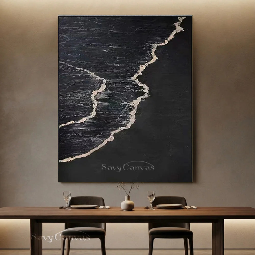 Handmade Oil Painting - Modern Abstract Black and White Wave Wall Art #TB 035