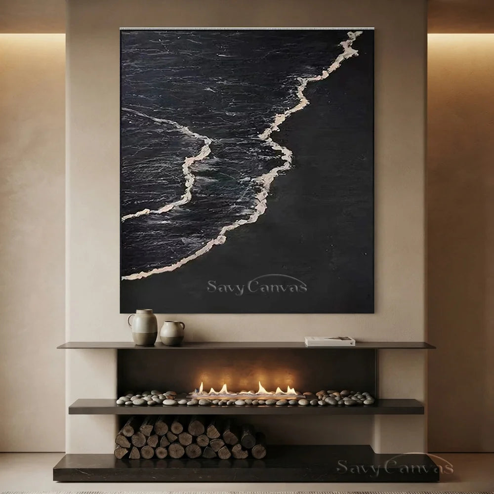 Handmade Oil Painting - Modern Abstract Black and White Wave Wall Art #TB 035