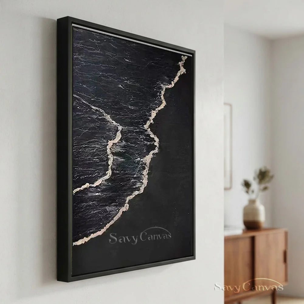 Handmade Oil Painting - Modern Abstract Black and White Wave Wall Art #TB 035
