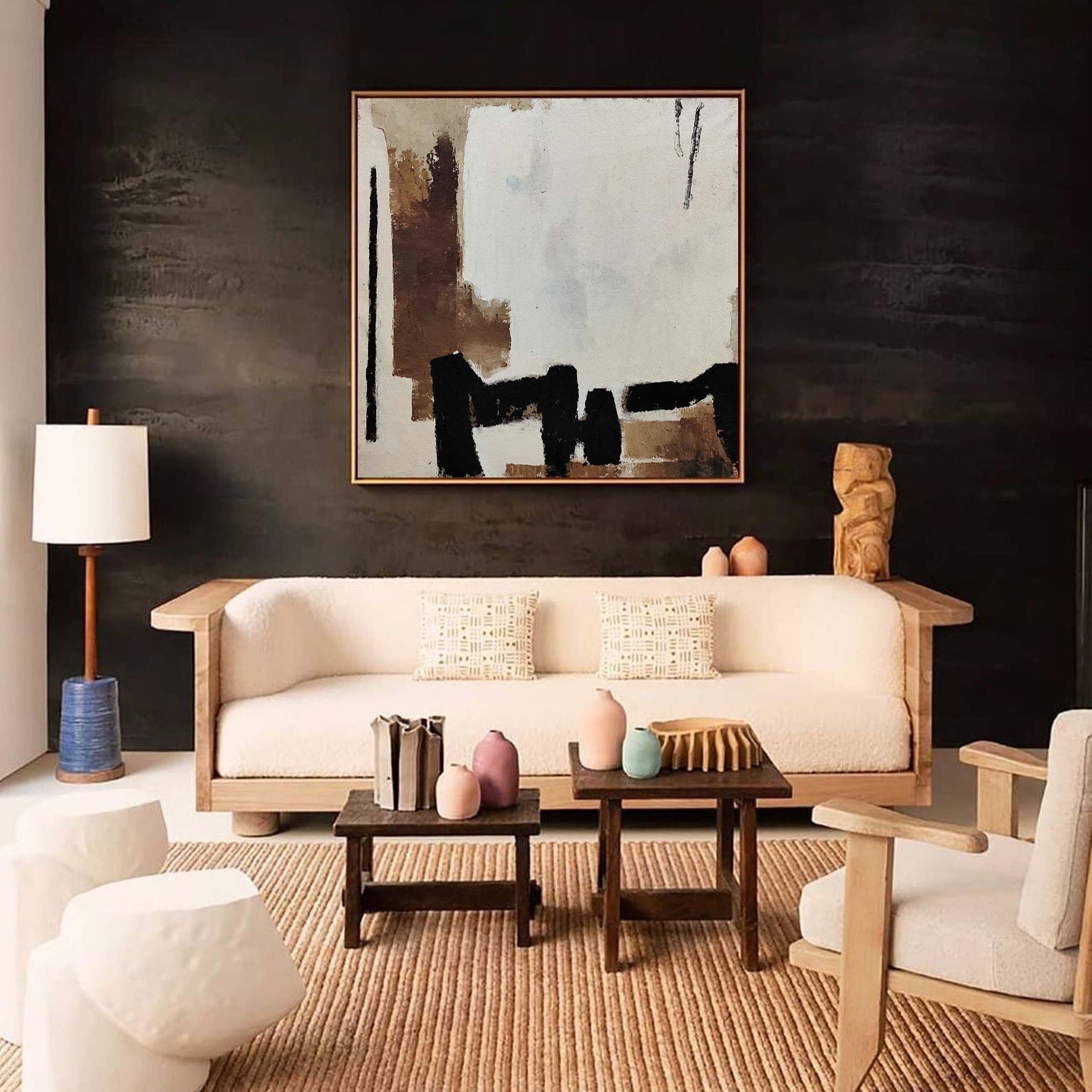 Beige, Black & Rust Abstract Canvas Art | Modern Square Print #AA 336