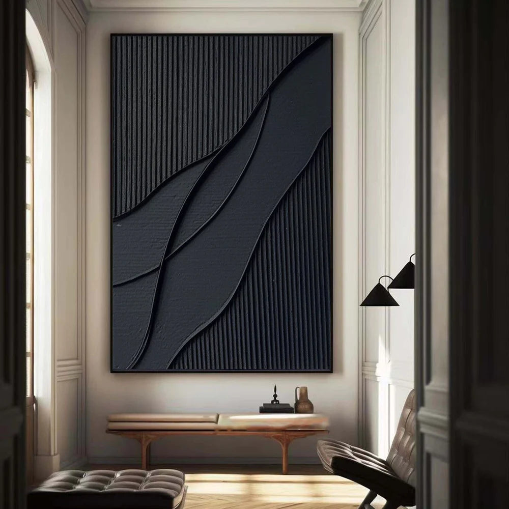 Modern Black Monochromatic Textured Abstract Oil Painting - Minimalist Style