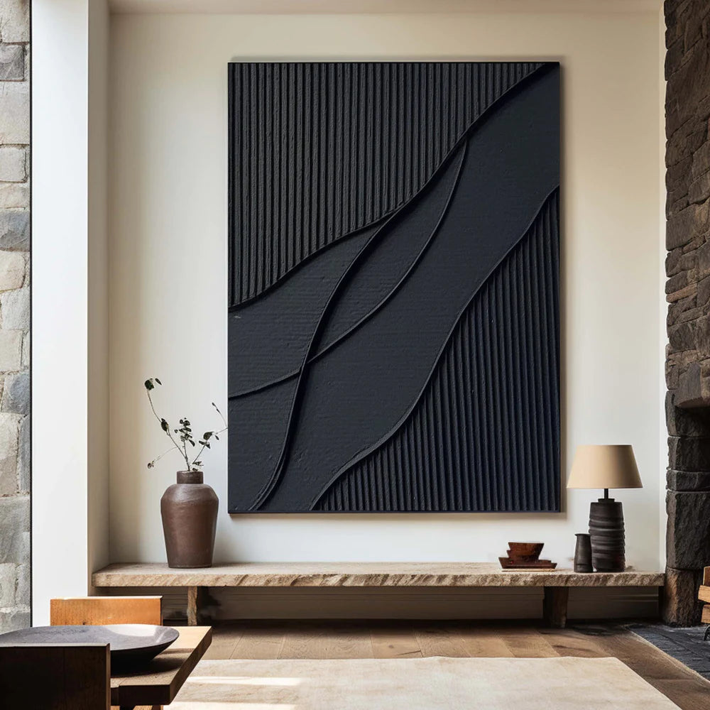 Black Textured Abstract Oil Painting - Modern Minimalist Art #JJ 092