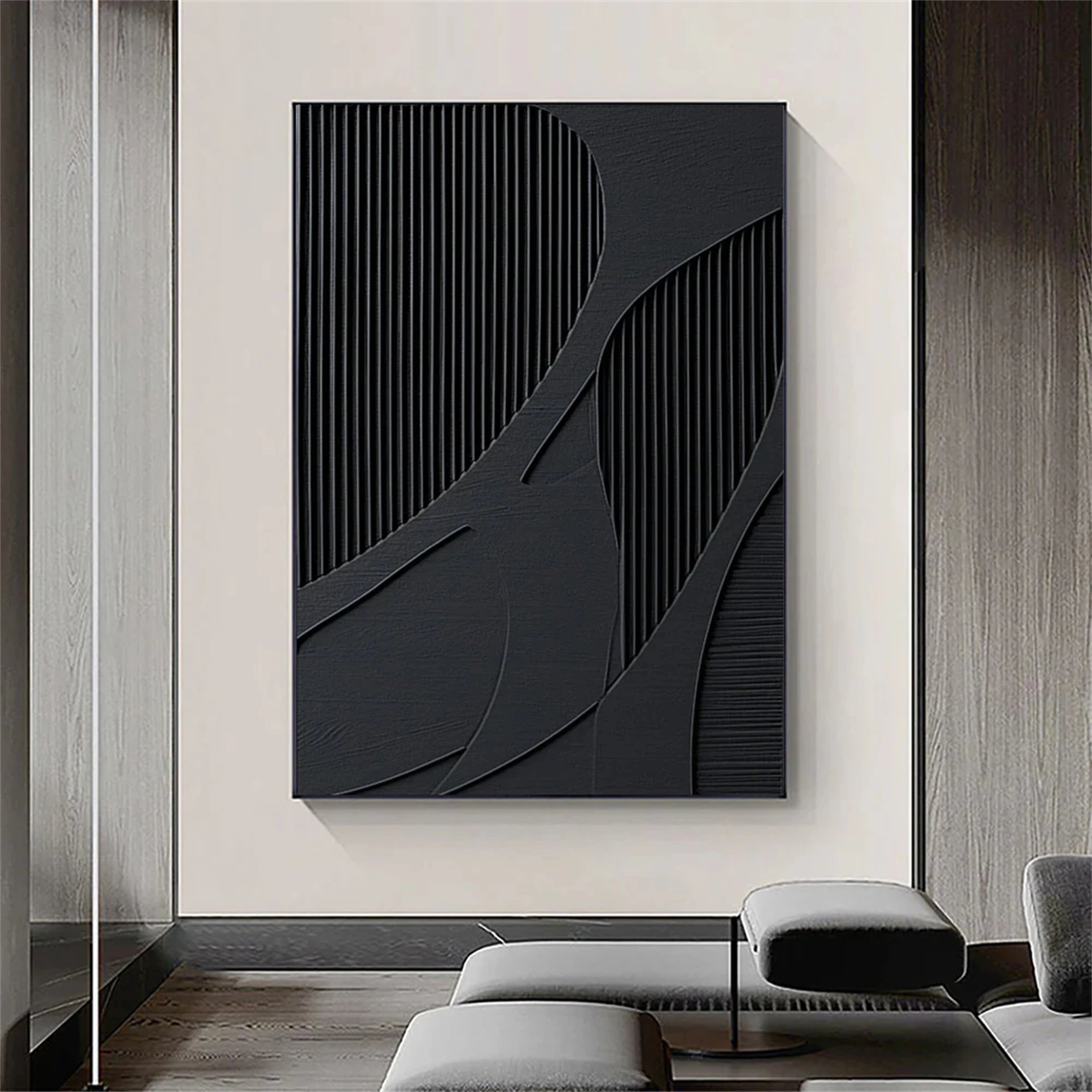 Minimalist Black Textured Art | Large Vertical Abstract Wall Sculpture