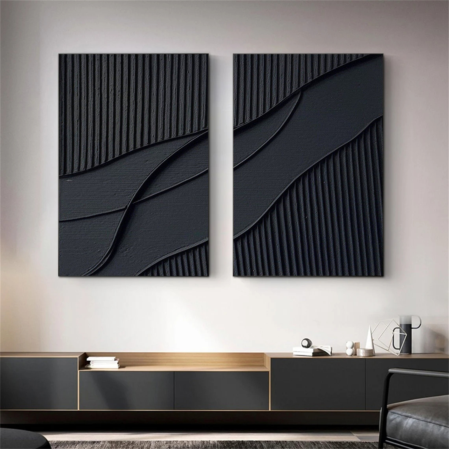 Black Plaster Texture Wall Art | Large Contemporary Abstract Canvas Set of 2 #ZZ 137
