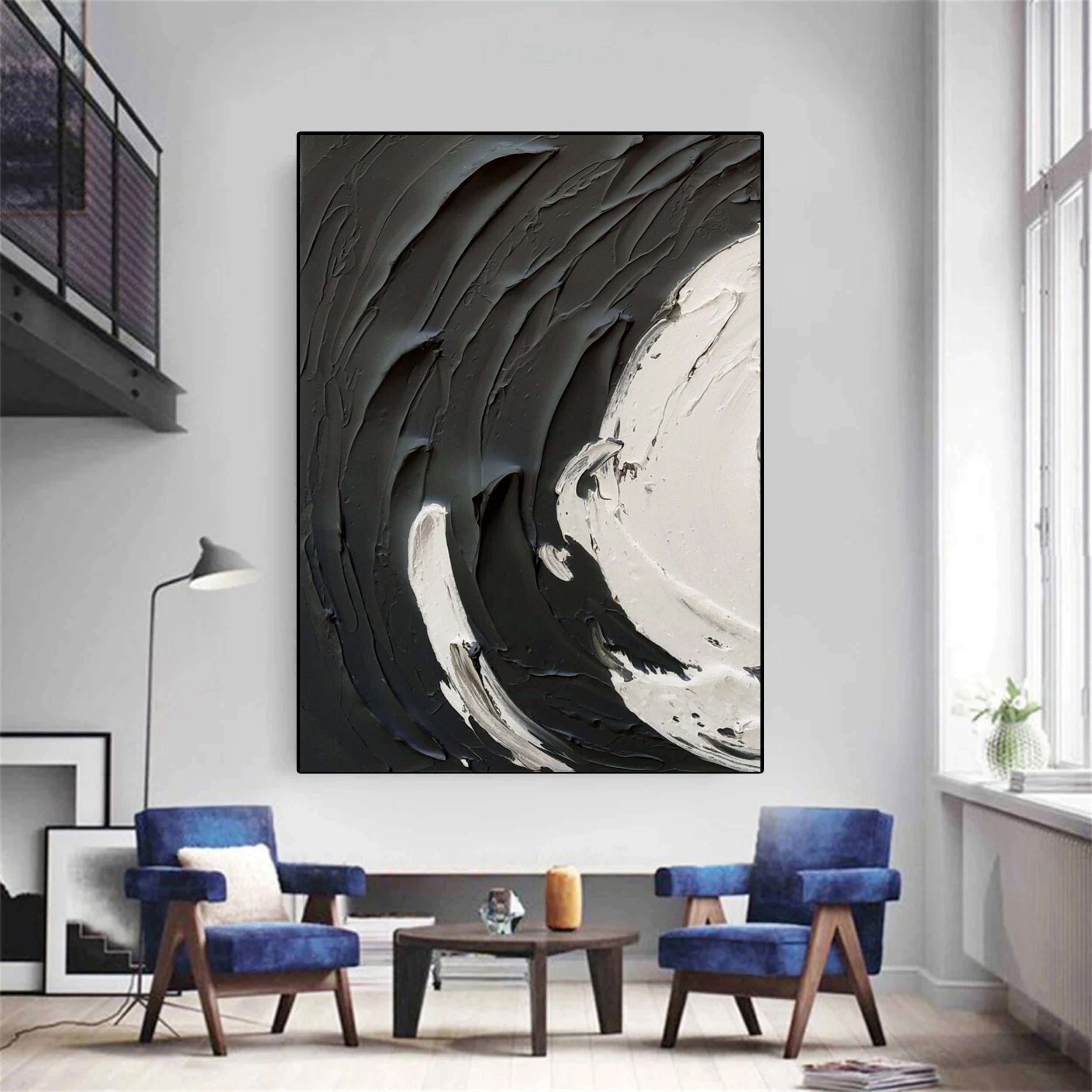 Modern Black and White Contrast Textured Abstract Oil Painting - Minimalist Style #JJ 094