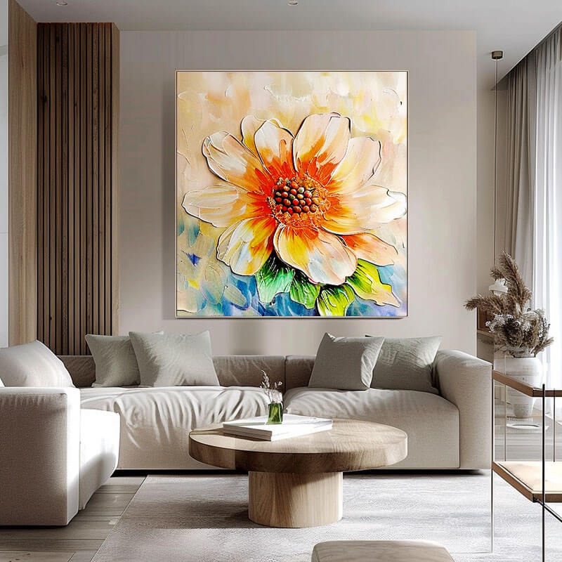 Contemporary Floral Painting | Oversized Square Textured Wall Art Vibrant