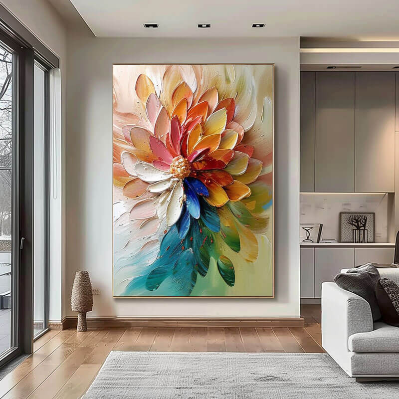 Modern Abstract Living Room Art | Colorful Textured Flower Painting