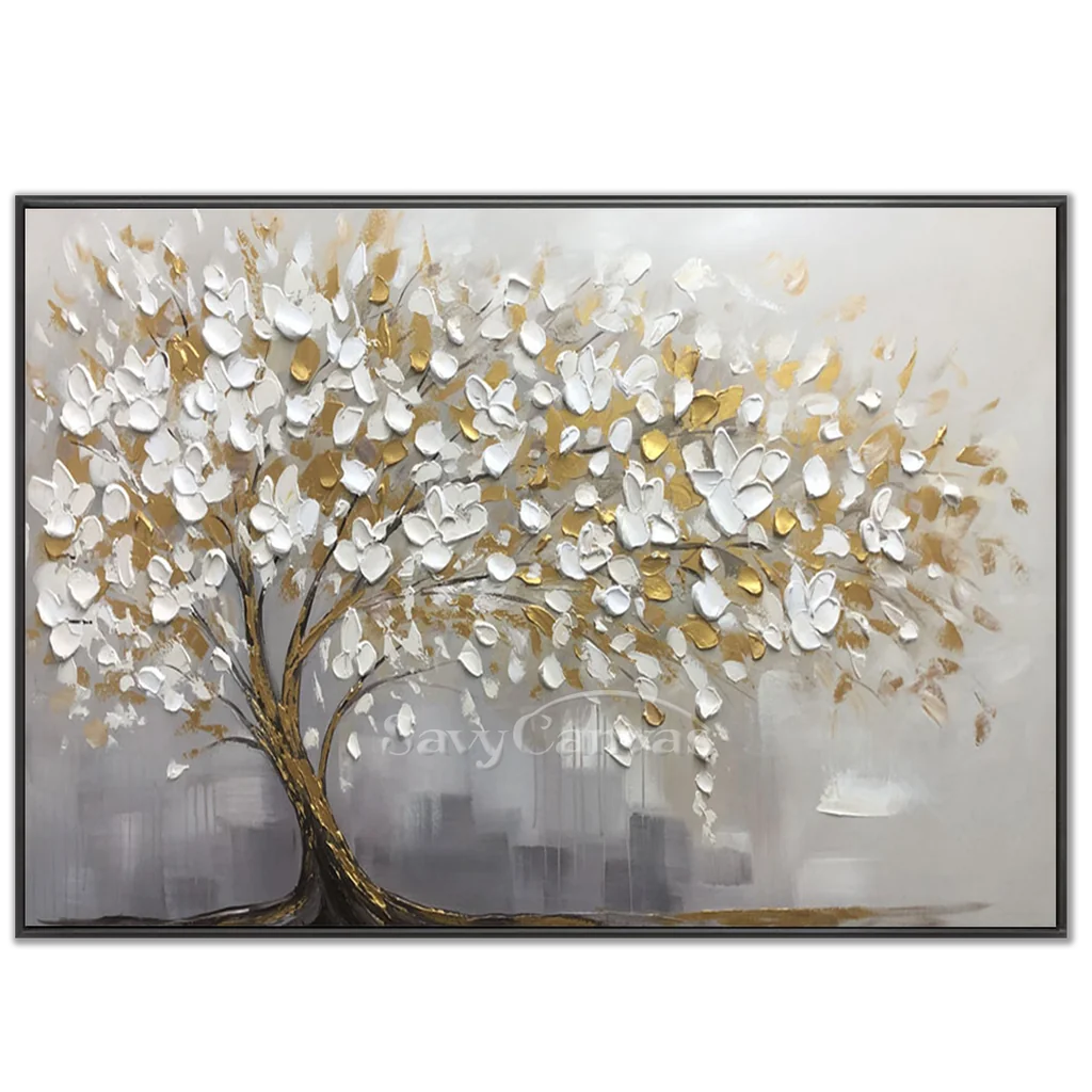 3D Blossom Tree Painting, Handmade White Gold Canvas Artwork  #TC 069