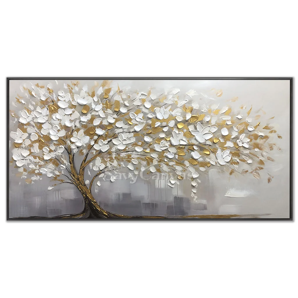 3D Blossom Tree Painting, Handmade White Gold Canvas Artwork  #TC 069